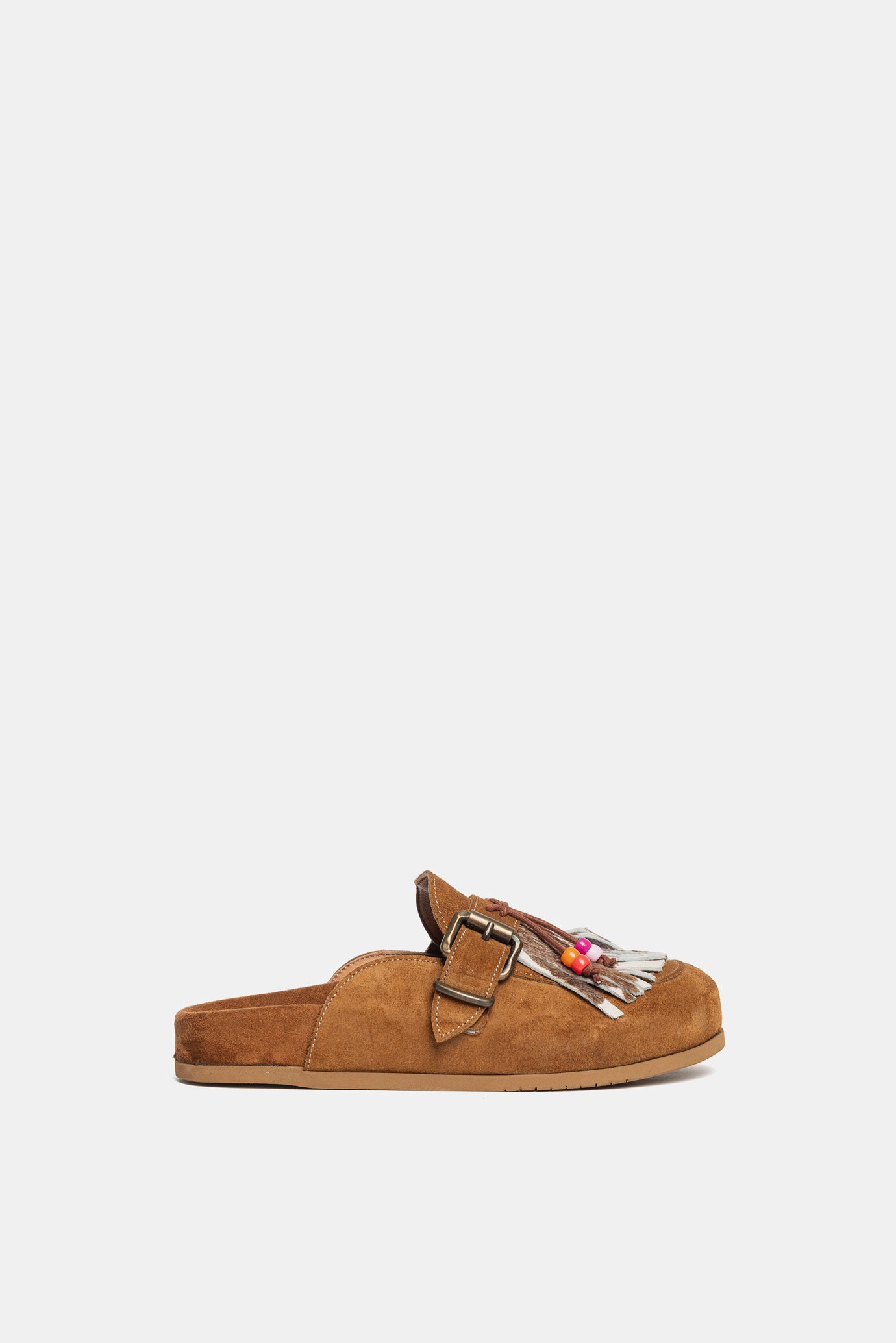 Sabot camoscio cuoio con frange cavallino e corallini colorati FUS6