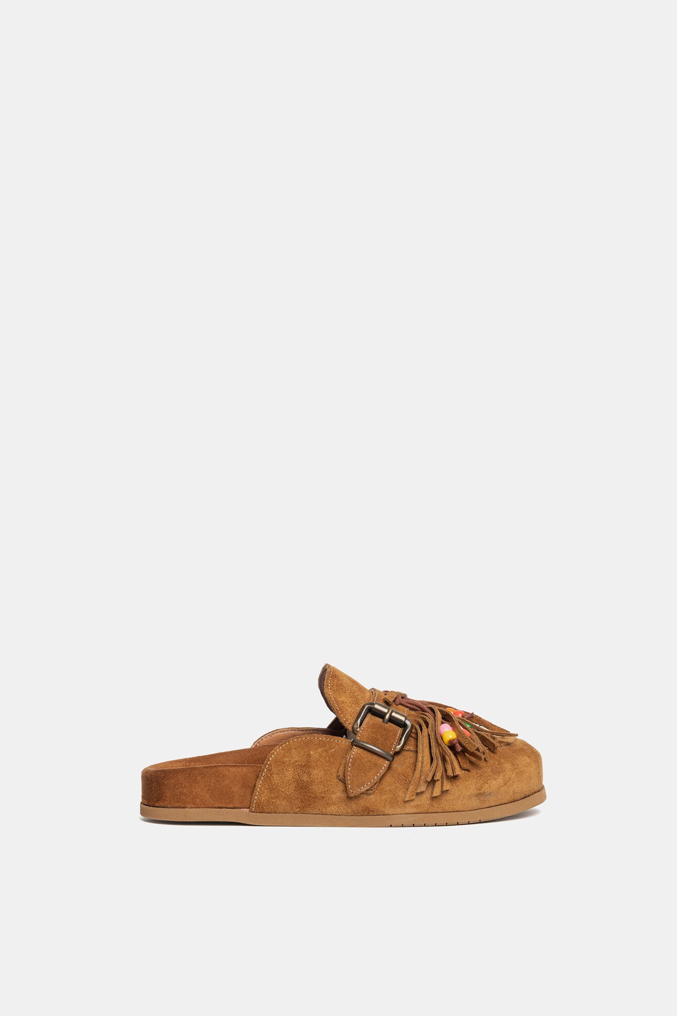 Sabot camoscio cuoio con frange e corallini colorati FUS6