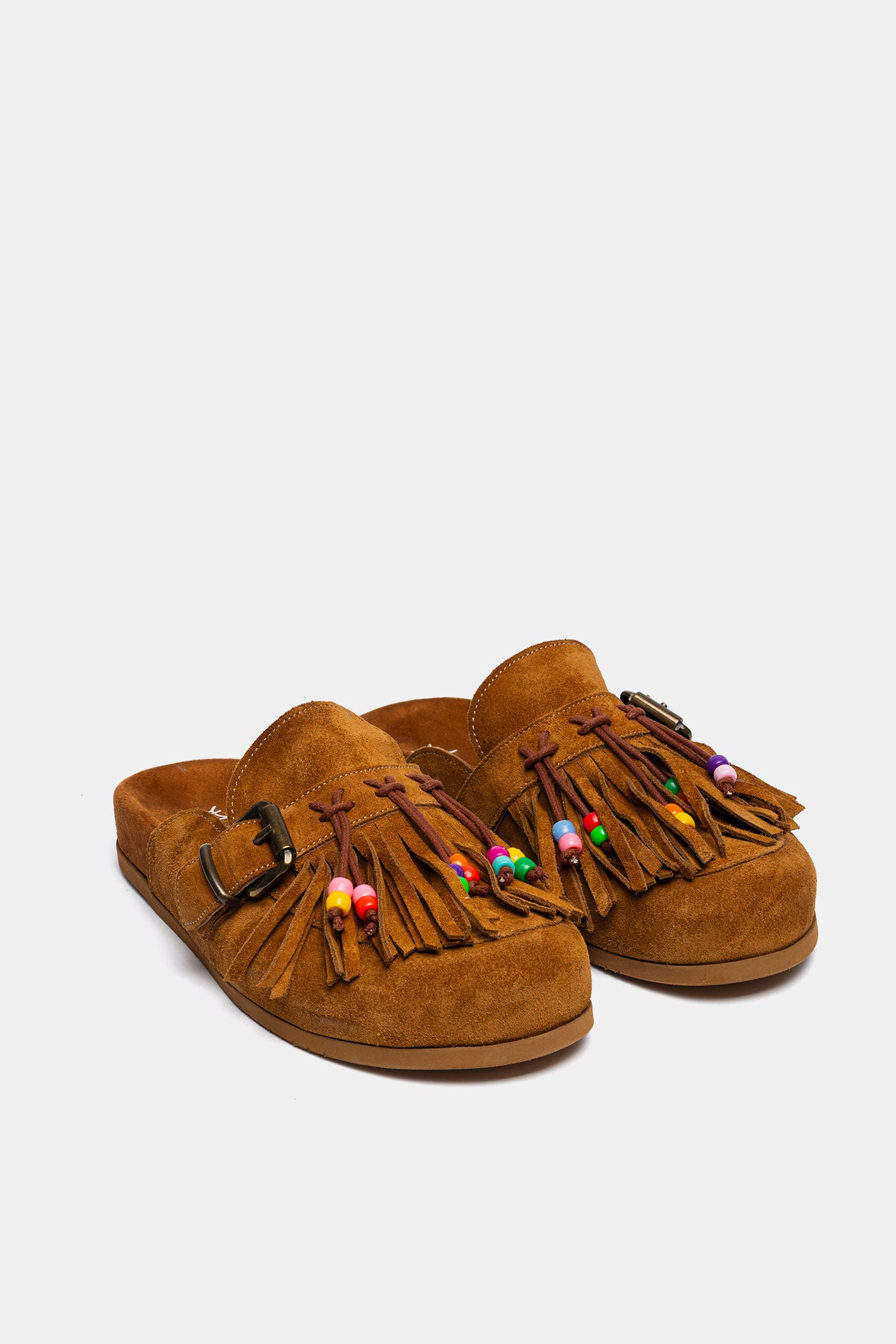 Sabot camoscio cuoio con frange e corallini colorati FUS6