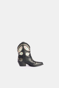 Bottines texanes en cuir de veau noir avec applications multicolores DX738